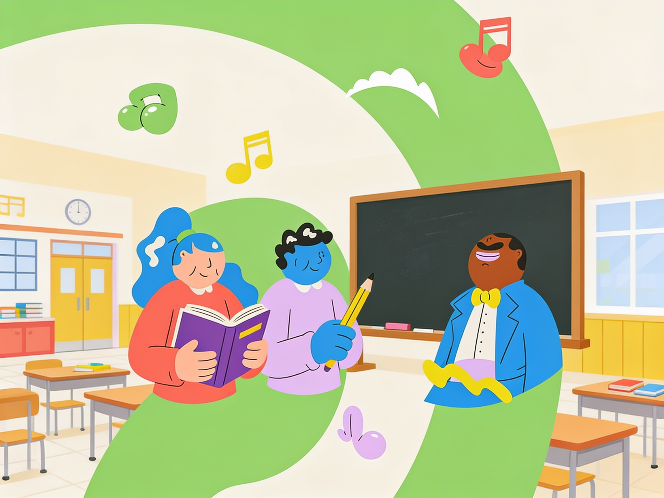 Flat illustration of two students reading a book and holding a pencil beside a teacher at a classroom blackboard, with colorful music notes floating along a sweeping green ribbon