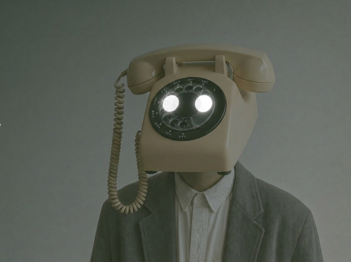Surreal portrait of a man in a grey suit whose head is a vintage cream rotary telephone, its dial lit up like glowing eyes
