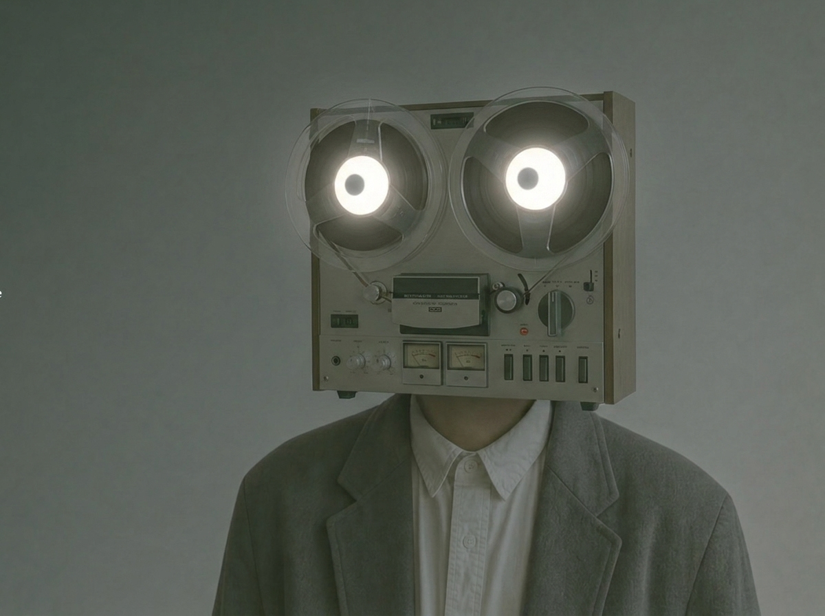 Surreal portrait of a man in a grey suit whose head is a vintage reel-to-reel tape recorder, its two reels glowing like eyes against a muted background