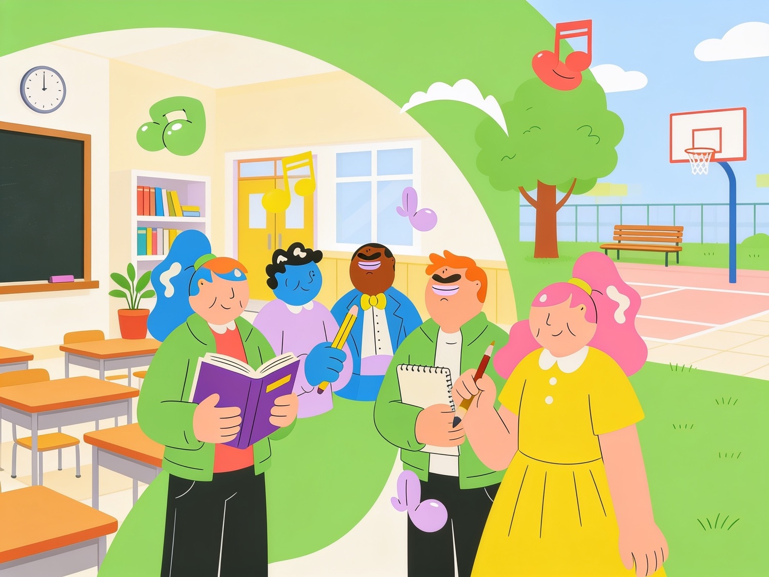 Illustration of teachers and students moving from a classroom out to a sunny playground