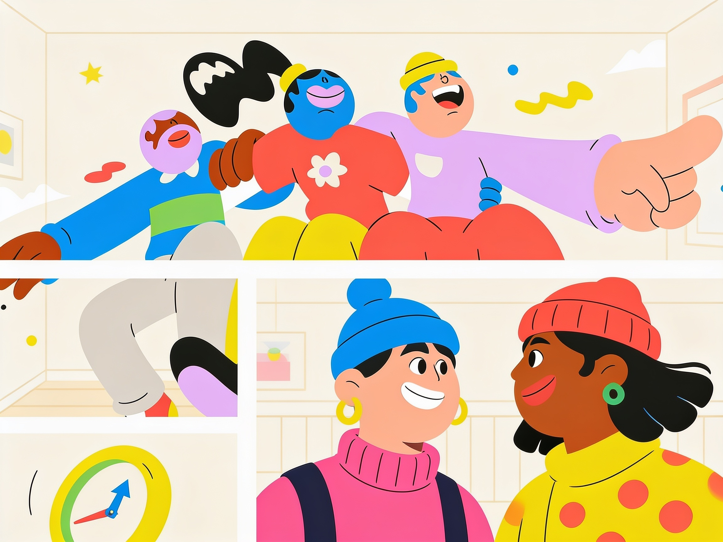 Flat illustration collage: people gathered and pointing forward together, two people talking, two seated on a park bench in conversation