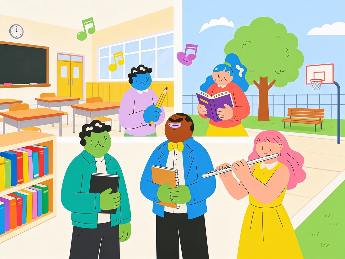 Illustrated students making music between a classroom and a playground