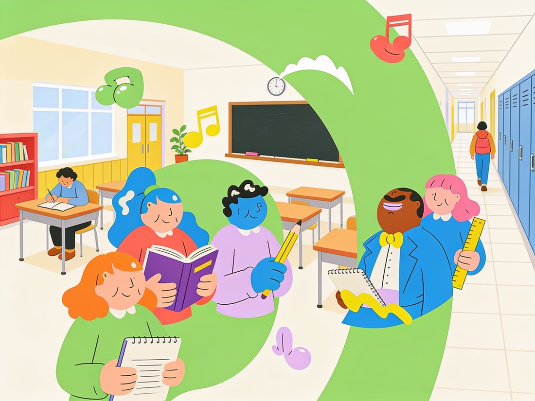 Illustrated friends reading together in a school hallway