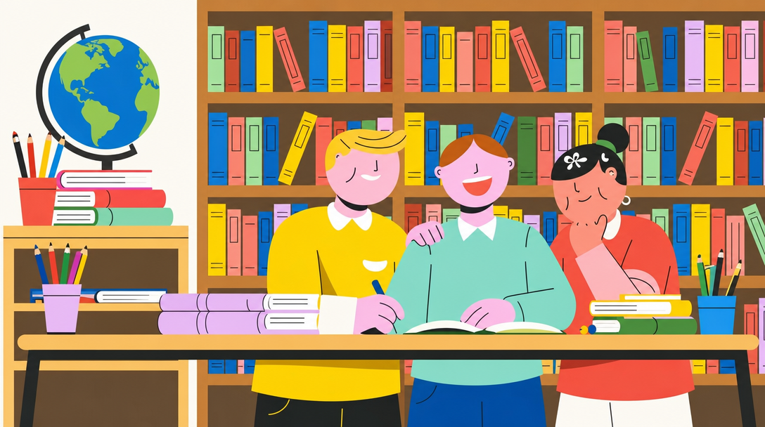 Flat illustration of three smiling students reading together at a library table in front of colorful bookshelves and a globe