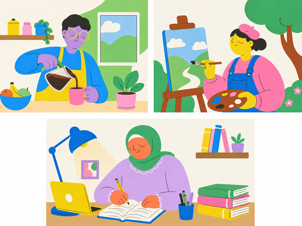Flat illustration triptych of people reading, painting, and writing at a desk