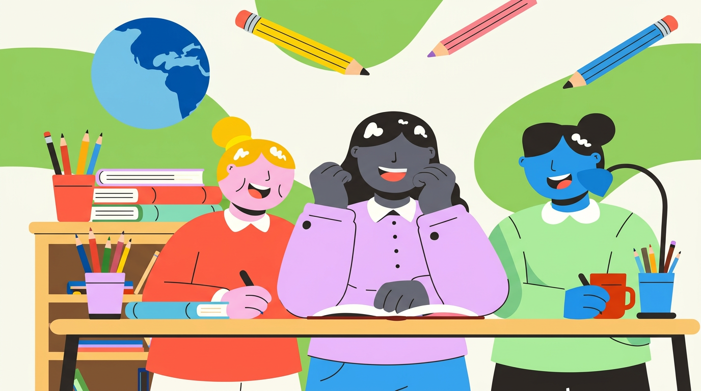 Flat illustration of three students reading together at a classroom desk with a globe and floating pencils