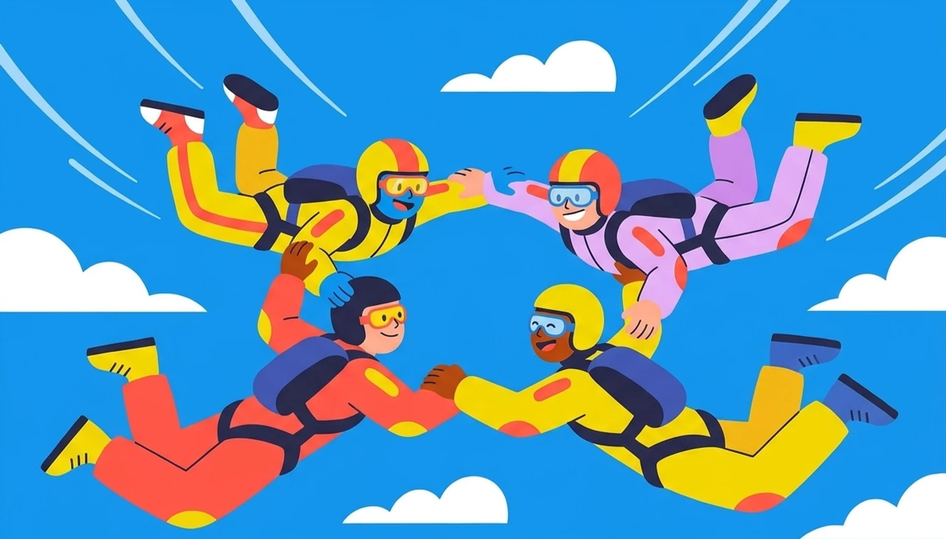 Four illustrated skydivers reaching to clasp hands mid-air
